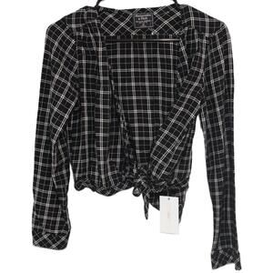 Womens Abercrombie & Fitch Black White Cotton Plaid Cropped Top Blouse Size XS